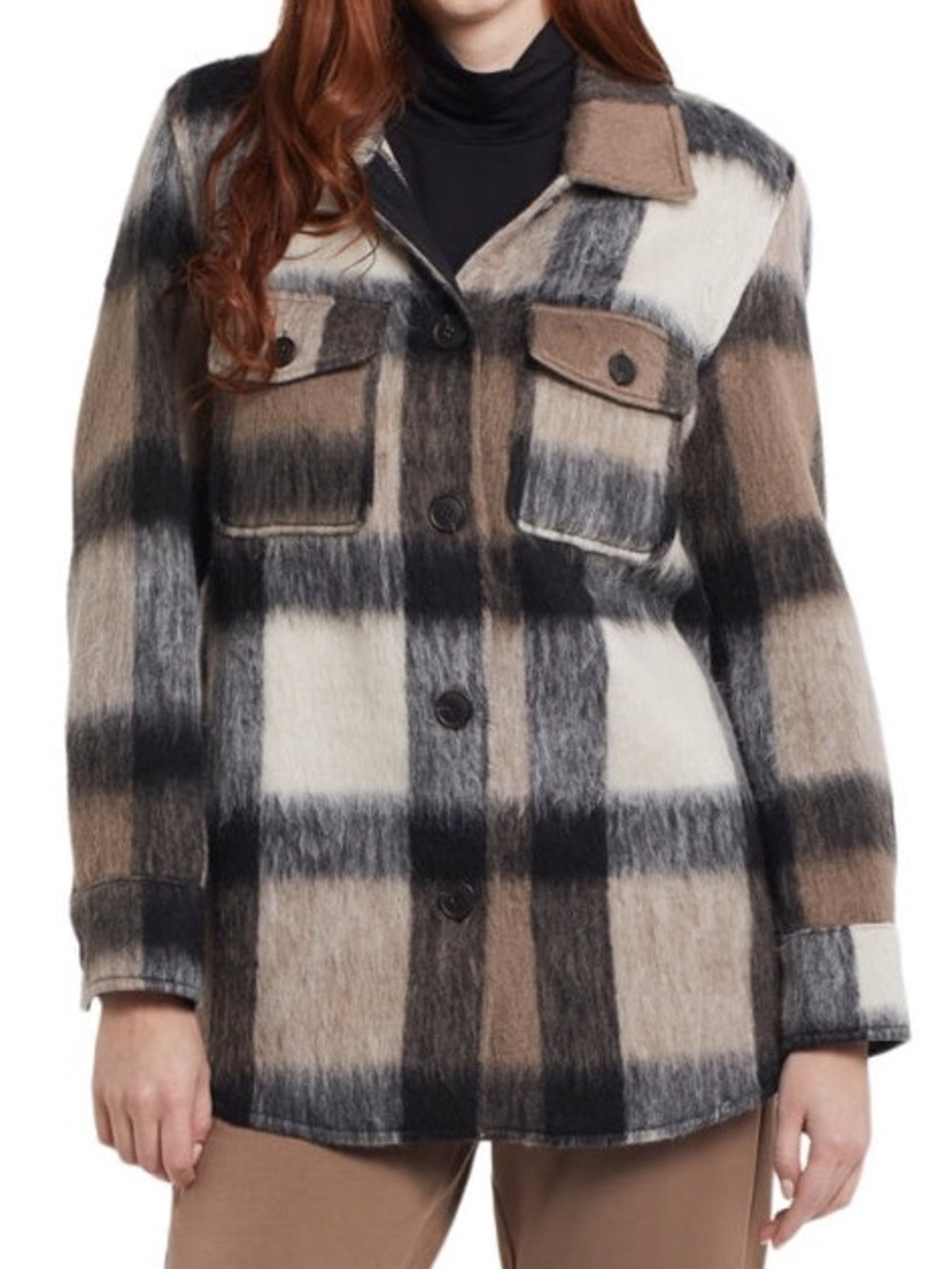 Tribal Neutral Plaid Button-Up Shacket in Black, Brown, Cream